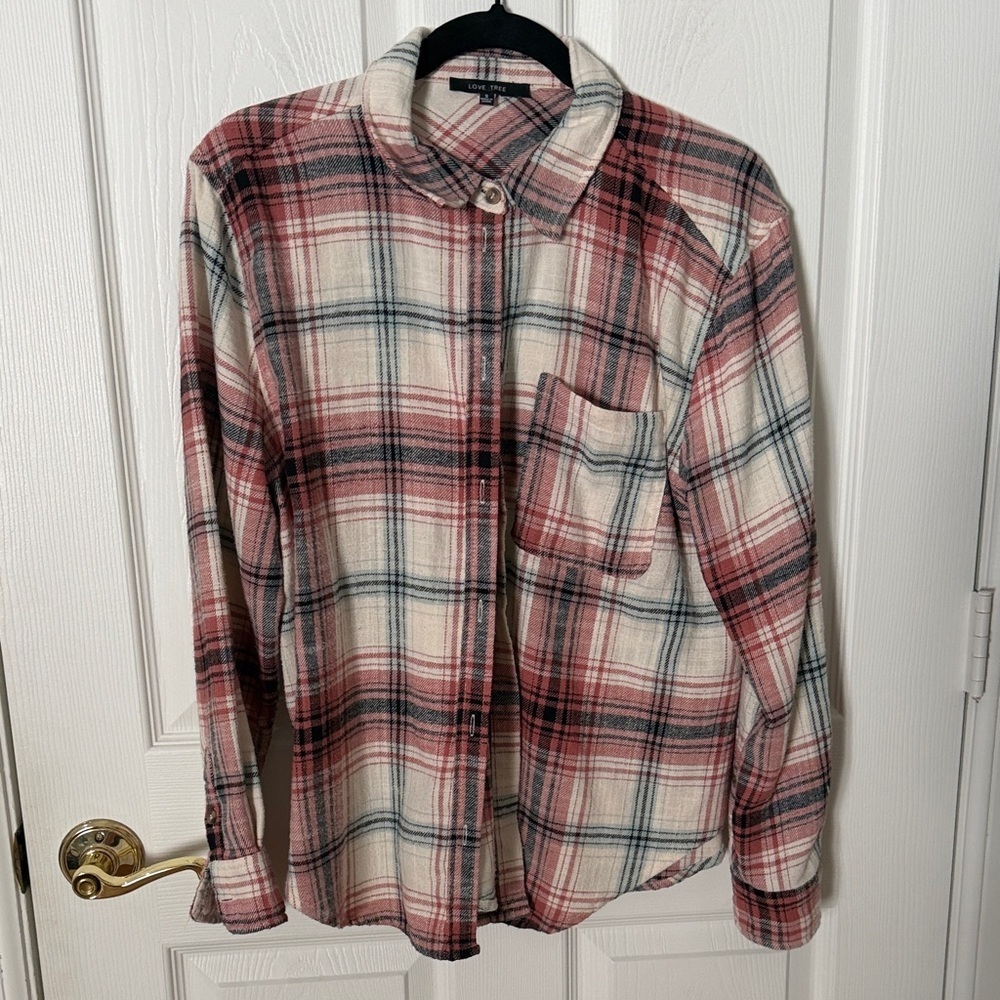 Love tree Plaid Button-Up Shirt - pink & Cream small oversized